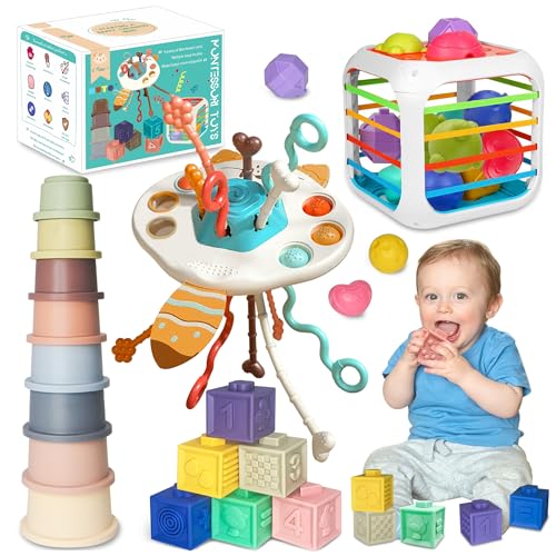 MutoToy® Baby Spielzeug 6 Monate, 4 in 1 Montessori Spielzeug Baby ab 6 Monate, Motorikspielzeug mit Sensorik Spielzeug, Stapelbecher Baby, Zugschnur Spielzeug, Softbausteine von MutoToy