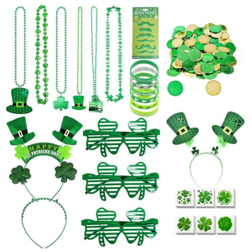 Muuoeou Green Patricks Day Dekorationen mit Grünen Gläsern, Halsketten, Stirnband, Armbändern, Münzen, Tattoos und Aufklebern-Set für Patricks Day von Muuoeou