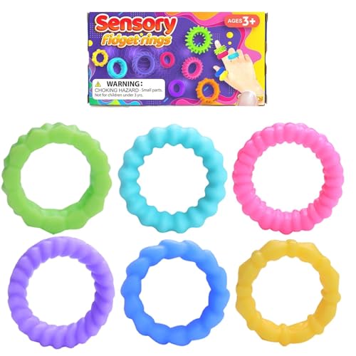 6 Stück Fidget Sensorische Ringe für Autismus, Sensorische Ringe Fidget Toys, Spiky Sensory Finger Ringe Kinder, Fidget Ring Sensory Finger Toys, Silent Stress Reducer Fidgets Ring von Muuzebsy