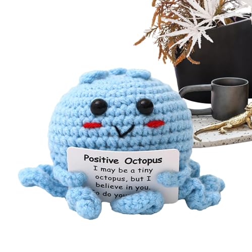 Muuzebsy Positive Häkeltiere, Oktopus-Puppe, gestrickte positive Oktopus-Puppe mit Ermutigungskarte, emotionale Unterstützung, Häkelpuppe für Freunde, Schreibtischdekoration von Muuzebsy