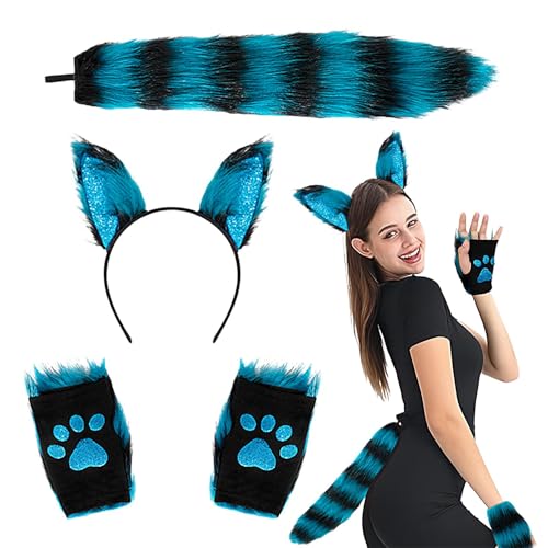 Muuzebsy Tierschwanz, Haarspangen, Ohren und Handschuhe, Schwanz, Wolf, Cosplay-Kostüm-Set – Plüschpfoten-Handschuhe, Halloween, Weihnachten, für Mädchen und Frauen von Muuzebsy