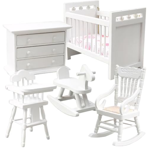 Muzrunq Dollhouse Möbel Set Holzminiaturmöbel 1 12 Skala Beinhaltet Babybett, Schaukelpferd, Stuhl, Schrank Baby Schlafzimmer Puppenhauszubehör, Weiß von Muzrunq