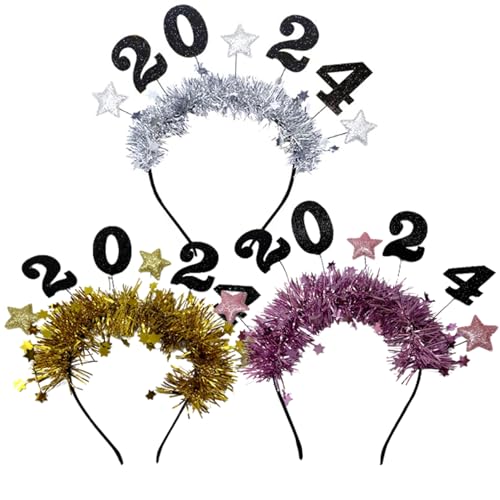 Muzrunq Frohes Neues Jahr Stirnband 3pcs Neujahr Dekorationen Glitzer -Pailletten Stars Tassel Silvester Partyzubehör 2024, Silvester Dekorationen von Muzrunq