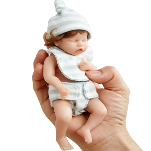 Muzrunq Mini Doll Silicon Babypuppe Weiche Haut realistische Mini-Babypuppen mit Hut und weiße blaue Streifenkleidung für Anfänger, Kinderspielzeug, Fotografie-Requisiten 6 Zoll von Muzrunq