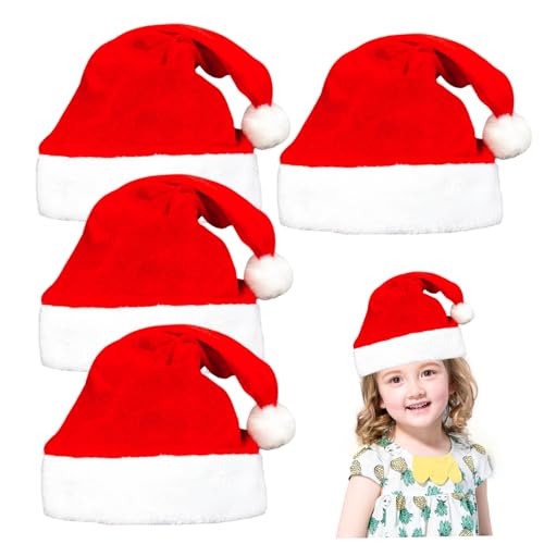 Muzrunq Santa Hats für Kinder 4PCS Plüsch Weihnachtsfeier Hüte Rot -Weiß -Weihnachtshüte für Weihnachtskleidungszubehör Xmas Party bevorzugt Spielzeugspiel von Muzrunq