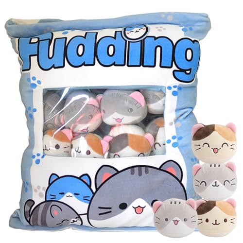 Muzrunq Süße Kissen, Snackkissen mit 8 Mini -Katze gefülltes Spielzeug, 14x18 -Zoll -Katzenkissen Kissen Weihnachtsgeburtstagsgeschenk für Kinder Katzenpillow Plüsch Flauschige Stuffy, Plüschkissen von Muzrunq