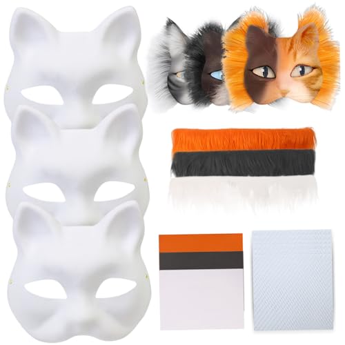 Muzrunq Therian Mask Kit mit Filzstoff Eye Mesh falsche Wolle halbe Gesichtskatze Katze Maske 3Set Elastic DIY Pelry Mask Cosplay Party Dekoration Therian Mask Kit, Katzenmaske, Pelzmaske von Muzrunq