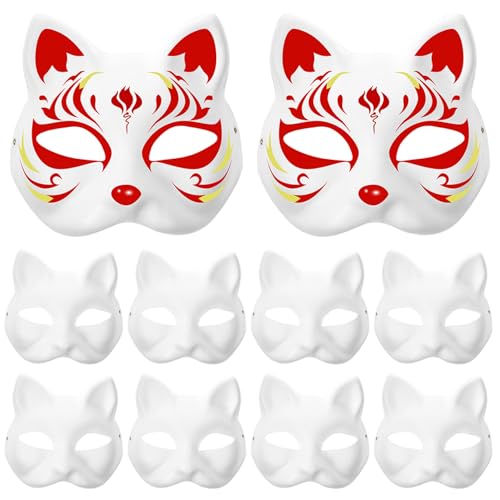 Therian Maske Blank Cat Masken Farbe Papierfuchsmaske, DIY halb weiße Maskerade -Maske mit Elastizität Band für Halloween Cosplay -Masken -Kostümfartsgeschenkte 10pcs. von Muzrunq