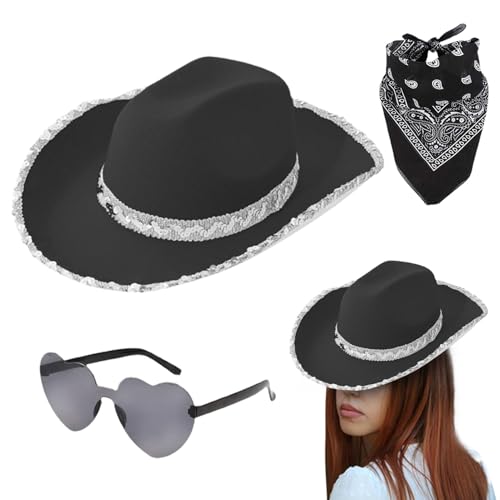 Mwkbbn Cowgirl-Kostüm für Damen, glitzernder Cowboyhut mit Herz-Brille und Bandana, 3 Cowgirl-Pack, Karnevalskleid-Zubehör, 37 x 29 x 14 cm, Material für Partyverkleidungen von Mwkbbn