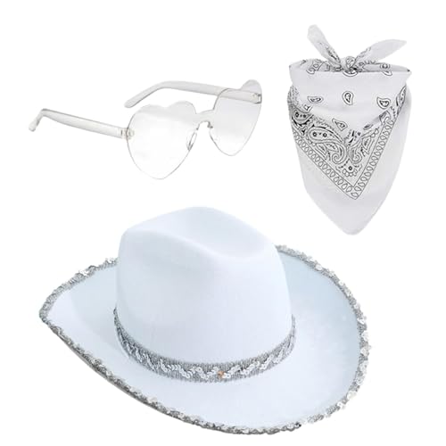 Mwkbbn Cowgirl-Kostüm für Damen, glitzernder Cowboyhut mit Herz-Brille und Bandana, 3 Cowgirl-Pack, Karnevalskleid-Zubehör, 37 x 29 x 14 cm, Material für Partyverkleidungen von Mwkbbn