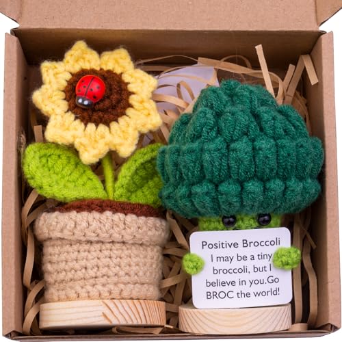 Mwmoeen 2 Stück Mini lustige Positive Kartoffel Geschenke, handgemachte emotionale Unterstützung gestrickte Kartoffeln mit Frontkarte und hölzerne Basis Sonnenblume Topf Schreibtisch Dekoration von Mwmoeen