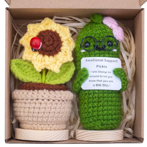 Mwmoeen 2 Stück Mini lustige Positive Kartoffel Geschenke, handgemachte emotionale Unterstützung gestrickte Kartoffeln mit Frontkarte und hölzerne Basis Sonnenblume Topf Schreibtisch Dekoration von Mwmoeen