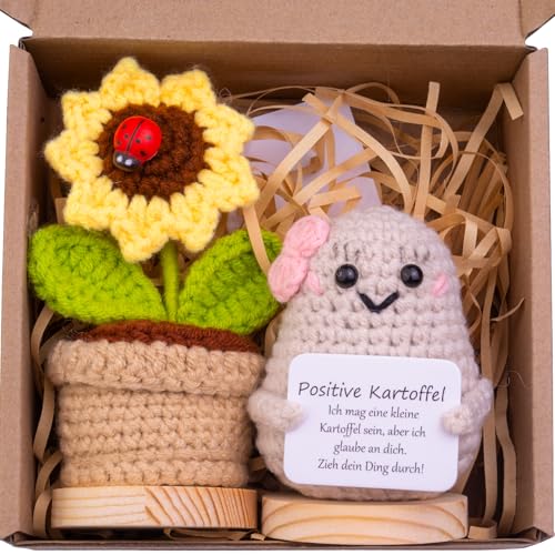 Mwmoeen 2 Stück Mini lustige Positive Kartoffel Geschenke, handgemachte emotionale Unterstützung gestrickte Kartoffeln mit Frontkarte und hölzerne Basis Sonnenblume Topf Schreibtisch Dekoration von Mwmoeen