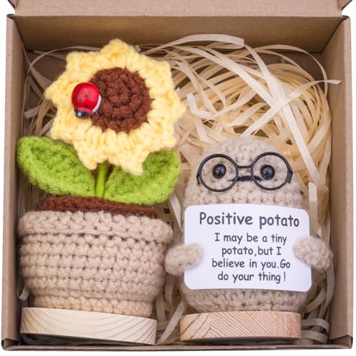 Mwmoeen 2 Stück Mini lustige Positive Kartoffel Geschenke, handgemachte emotionale Unterstützung gestrickte Kartoffeln mit Frontkarte und hölzerne Basis Sonnenblume Topf Schreibtisch Dekoration von Mwmoeen