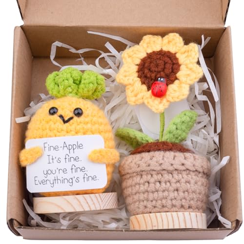 Mwmoeen 2 Stück Mini lustige Positive Kartoffel Geschenke, handgemachte emotionale Unterstützung gestrickte Kartoffeln mit Frontkarte und hölzerne Basis Sonnenblume Topf Schreibtisch Dekoration von Mwmoeen