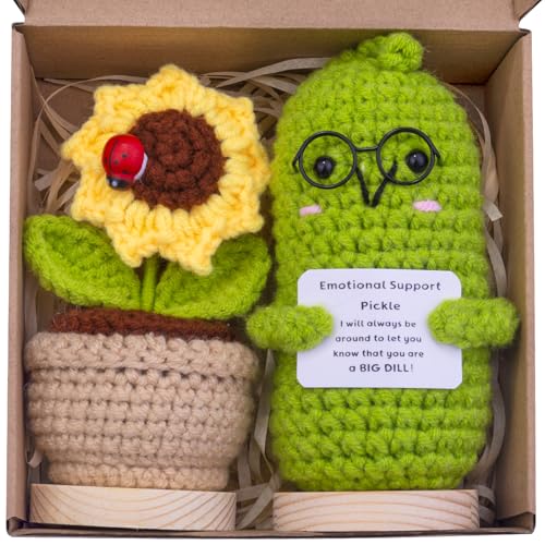 Mwmoeen 2 Stück Mini lustige Positive Kartoffel Geschenke, handgemachte emotionale Unterstützung gestrickte Kartoffeln mit Frontkarte und hölzerne Basis Sonnenblume Topf Schreibtisch Dekoration von Mwmoeen