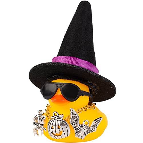 Mwmoeen Halloween Auto Gummi Ente Dekoration, Ente Auto Ornamente Zubehör für Auto Armaturenbrett Dekorationen mit Hexenhut Halskette Sonnenbrillen und Coole Accessoires(D1) von Mwmoeen