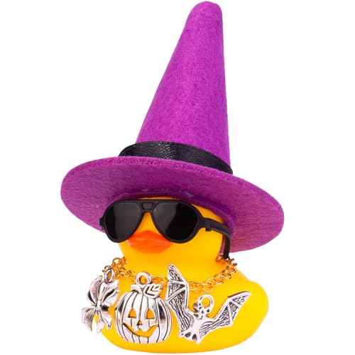 Mwmoeen Halloween Auto Gummi Ente Dekoration, Ente Auto Ornamente Zubehör für Auto Armaturenbrett Dekorationen mit Hexenhut Halskette Sonnenbrillen und Coole Accessoires(D3) von Mwmoeen