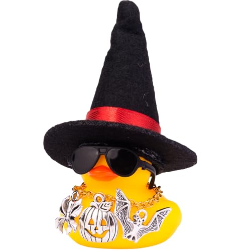 Mwmoeen Halloween Auto Gummi Ente Dekoration, Ente Auto Ornamente Zubehör für Auto Armaturenbrett Dekorationen mit Hexenhut Halskette Sonnenbrillen und Coole Accessoires(D4) von Mwmoeen