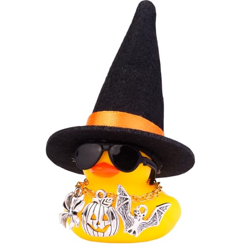 Mwmoeen Halloween Auto Gummi Ente Dekoration, Ente Auto Ornamente Zubehör für Auto Armaturenbrett Dekorationen mit Hexenhut Halskette Sonnenbrillen und Coole Accessoires(D5) von Mwmoeen