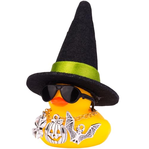 Mwmoeen Halloween Auto Gummi Ente Dekoration, Ente Auto Ornamente Zubehör für Auto Armaturenbrett Dekorationen mit Hexenhut Halskette Sonnenbrillen und Coole Accessoires(D6) von Mwmoeen