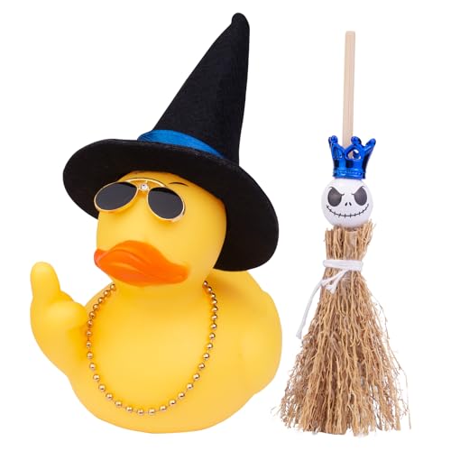 Mwmoeen Halloween Gummi Ente Auto Armaturenbrett Dekorationen Ostern Ente Auto Ornamente mit Hexen Hat Sonnenbrille Mini-Besen, 9cm von Mwmoeen