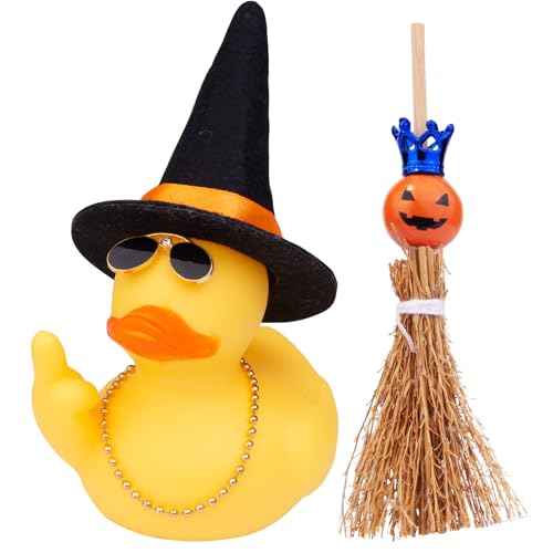 Mwmoeen Halloween Gummi Ente Auto Armaturenbrett Dekorationen Ostern Ente Auto Ornamente mit Hexen Hat Sonnenbrille Mini-Besen, 9cm von Mwmoeen