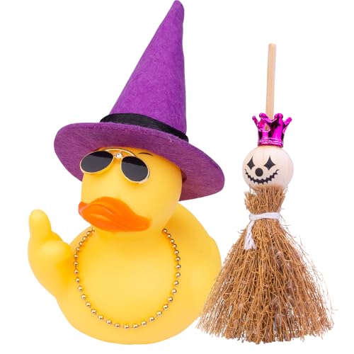 Mwmoeen Halloween Gummi Ente Auto Armaturenbrett Dekorationen Ostern Ente Auto Ornamente mit Hexen Hat Sonnenbrille Mini-Besen, 9cm von Mwmoeen