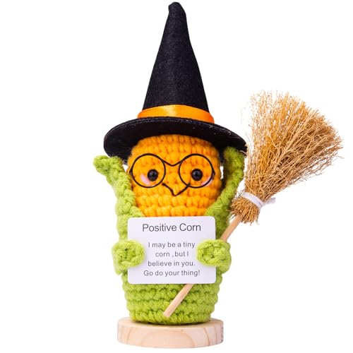 Mwmoeen Halloween Positive Kartoffel, Pocket Hug Positive Kartoffel Geschenke Kreative Strickwolle Puppe Mit Hexenhut, Besen und Positive Karte, Abschiedsgeschenk Kollegen(H19) von Mwmoeen