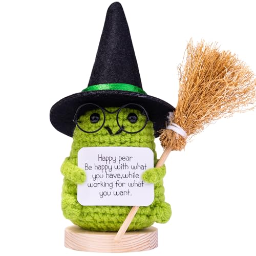 Mwmoeen Halloween Positive Kartoffel, Pocket Hug Positive Kartoffel Geschenke Kreative Strickwolle Puppe Mit Hexenhut, Besen und Positive Karte, Abschiedsgeschenk Kollegen(H23) von Mwmoeen