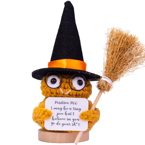 Mwmoeen Halloween Positive Kartoffel, Pocket Hug Positive Kartoffel Geschenke Kreative Strickwolle Puppe Mit Hexenhut, Besen und Positive Karte, Abschiedsgeschenk Kollegen(H25) von Mwmoeen