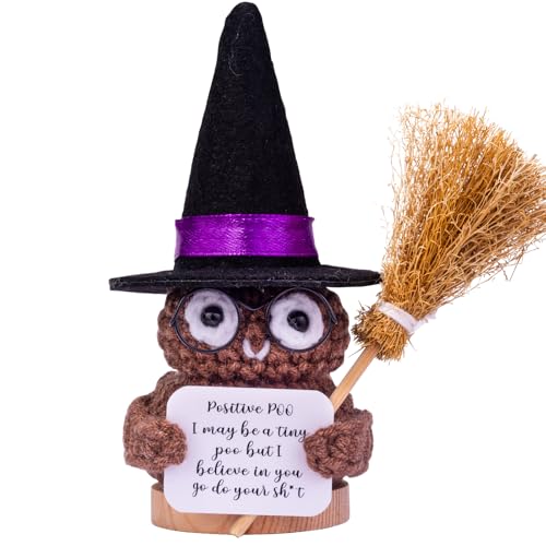 Mwmoeen Halloween Positive Kartoffel, Pocket Hug Positive Kartoffel Geschenke Kreative Strickwolle Puppe Mit Hexenhut, Besen und Positive Karte, Abschiedsgeschenk Kollegen(H24) von Mwmoeen