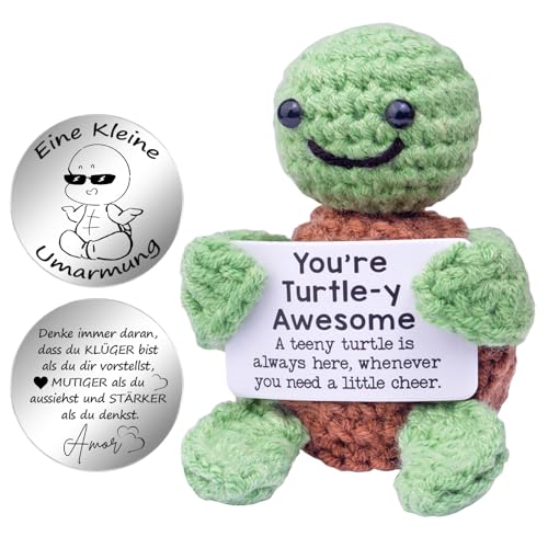 Mwmoeen Lustige Positive Schildkröte Geschenke，Pocket Hug Glücksbringer，Kreative Strickwolle Faultier mit Positiver Energiekarte, Beste Freundin Kleine Geschenke für Frauen von Mwmoeen