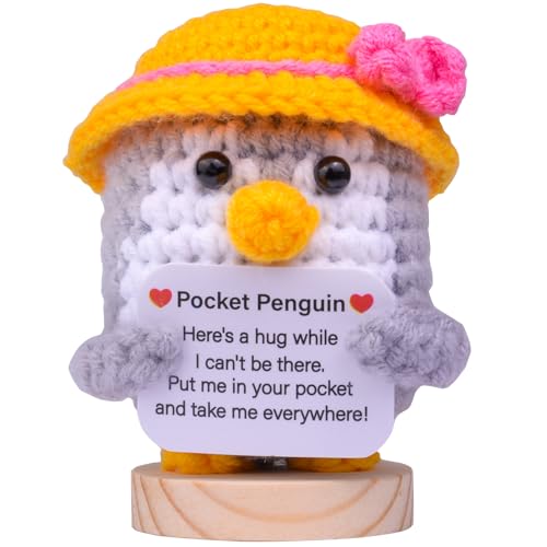 Mwmoeen Lustiger Positiver Pinguin, Glücksbringer Penguin Pocket Hug Geschenke, Süßes Gestricktes Pinguin mit Positiver Karte Aufmunterung Geschenke, Motivationsgeschenke, Beste Freundin Geschenke von Mwmoeen