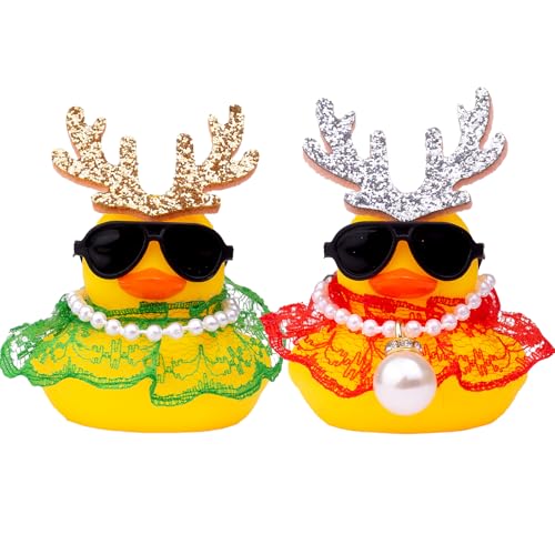 Mwmoeen Weihnachten Gummi Enten Auto Dekorationen, 2 Stück Gummi Ente Auto Armaturenbrett Dekorationen Mit einem Spitzenkleid und Mini Geweih und Einer Sonnenbrille Passend für Auto, Haus Dekoration von Mwmoeen