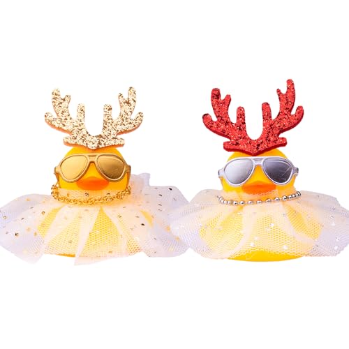 Mwmoeen Weihnachten Gummi Enten Auto Dekorationen, 2 Stück Gummi Ente Auto Armaturenbrett Dekorationen Mit einem Spitzenkleid und Mini Geweih und Einer Sonnenbrille Passend für Auto, Haus Dekoration von Mwmoeen