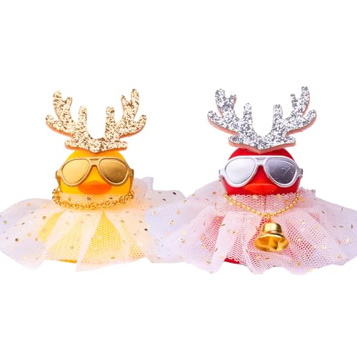 Mwmoeen Weihnachten Gummi Enten Auto Dekorationen, 2 Stück Gummi Ente Auto Armaturenbrett Dekorationen Mit einem Spitzenkleid und Mini Geweih und Einer Sonnenbrille Passend für Auto, Haus Dekoration von Mwmoeen