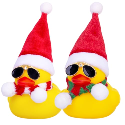 Mwmoeen Weihnachten Gummi Enten Auto Dekorationen，2 Stück Gelbe Ente Auto Armaturenbrett Dekorationen,mit Mini Hutschal und Sonnenbrille, Passend für Auto,Büro,Haus Dekoration von Mwmoeen