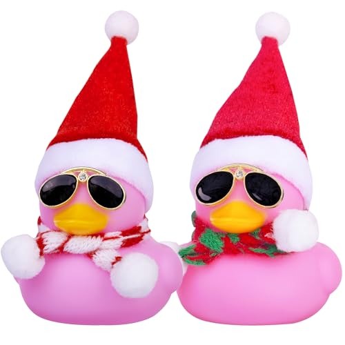 Mwmoeen Weihnachten Gummiente Autodekoration, 2 Stück Gelbe Quietscheente Duck Armaturenbrett Ornamente, mit Weihnachtshut Schal Sonnenbrille, Passend für Auto, Büro, Haus Dekoration von Mwmoeen