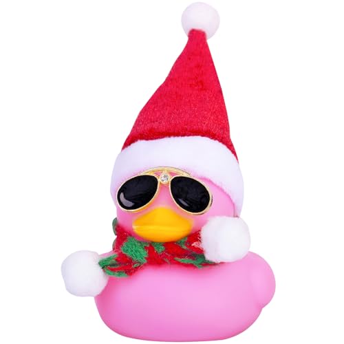 Mwmoeen Weihnachts Gummienten Autodekoration，Gelbe Squeeze Duck Auto-Armaturenbrett Ornamente，EIN Weihnachtshut Schal Sonnenbrille tragenfür Weihnachtsdekoration Wohndekorationen für Erwachsene von Mwmoeen