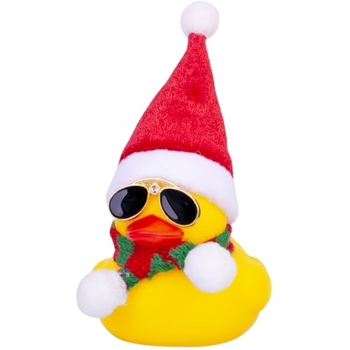 Mwmoeen Weihnachts Gummienten Autodekoration，Gelbe Squeeze Duck Auto-Armaturenbrett Ornamente，EIN Weihnachtshut Schal Sonnenbrille tragenfür Weihnachtsdekoration Wohndekorationen für Erwachsene von Mwmoeen