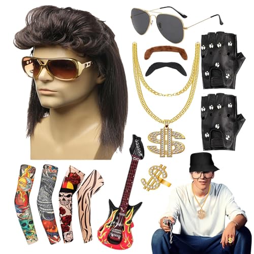 Mwqpgyh 80er-Jahre-Rocker-Kostüm für Herren, 80er-Jahre-Herrenkostüm,13 wiederverwendbare Rockstar-Accessoires, Rockkostüme der 80er Jahre - 80er-Jahre-Outfits mit Hippie-Accessoires für Männer, von Mwqpgyh