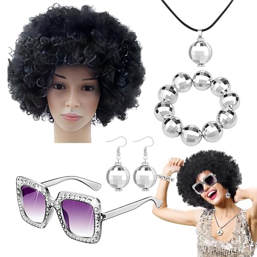 Mwqpgyh Disco-Kostüm-Zubehör – Rapper-Kostüm, glitzernd, 70er-Jahre, Disco-Kostüm-Set, Afro-Perücke, Ohrringe, Sonnenbrille, Discokugel-Zubehör, Halsketten-Set für Männer, Frauen von Mwqpgyh