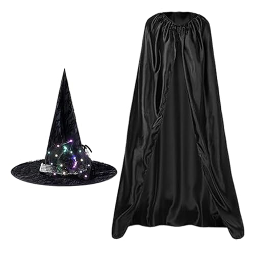 Mxshc Halloween Hexen Cape,Halloween Kostüm Cape | Hexenumhang Capes Set | Schwarzes Cape-Halloween-Kostüm mit leuchtendem Hexenhut für Erwachsene für Kostüm-Rollenspiele, Halloween-Foto von Mxshc