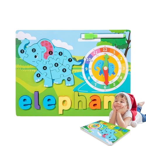 Mxshc Holzpuzzles,Tierpuzzle aus Holz | Niedliche Giraffen-Delfin-Puzzles für Kleinkinder - Lernaktivitäten, Tierpuzzle mit Lernuhr-Buchstaben-Matching-Spiel für Vorschulkinder von Mxshc