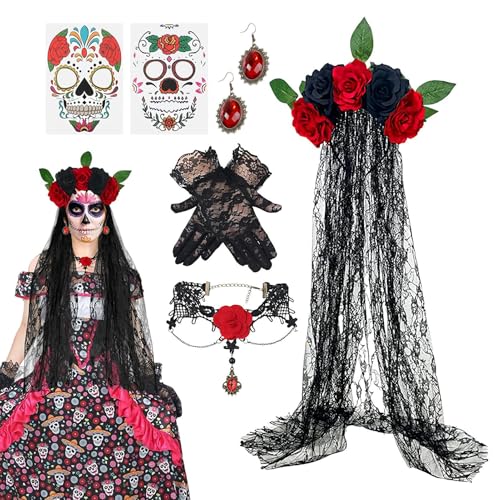 Mxshc Tag Der Kostüm Set,Día de Muertos Halskette Ohrringe Set - Karneval Spitzenhandschuhe Schleier Ohrringe Halskette Outfit Damen Für Halloween Party Maskerade Bühnenauftritt Mxshc Tag Der Kostüm Set,Día de Muertos Halskette Ohrringe Set - Karneval Spitzenhandschuhe Schleier Ohrringe Halskette Outfit Damen Für Halloween Party Maskerade Bühnenauftritt von Mxshc