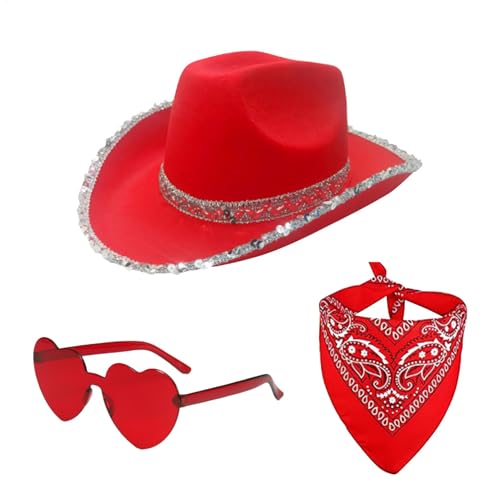 Mxshc Weihnachten Cowgirl Hut Cosplay Western Hut Kopfbedeckung 3X Cowgirl Hut Vintage Bandana Herz Brille Verstellbare Weihnachtsmütze Western Kostüm Zubehör von Mxshc