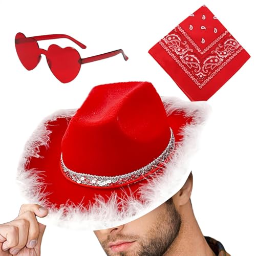 Mxshc Weihnachtsmann-Cowboyhüte Set | Westernhut Cowboyhut | 3X Weihnachtsmütze mit Bandana & Herzbrille | Cowgirlhut für Urlaub Cosplay von Mxshc