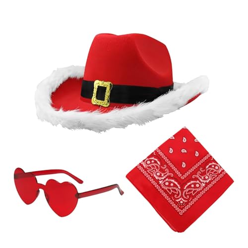 Mxshc Weihnachtsmann-Cowboyhut, Cosplay, Westernhut, Kopfbedeckung, 3 x Herzbrille, Weihnachtsmütze, Cowgirl-Hut, breite Krempe, Western-Kostüm-Zubehör von Mxshc