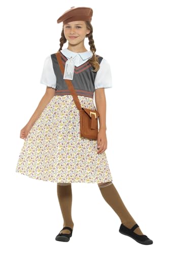 My Illusions Evacuee Mädchenkostüm mit Kleid, Tasche, Namensschild und Hut, 1940er Jahre, 2. Weltkrieg, Kinderkostüm (Größe M, 7–9 Jahre) von My Illusions